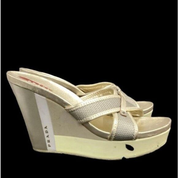 Prada Metallic Gold Leather Mesh Open Toe Slip-on Wedge Sandals - Picture 7 of 9